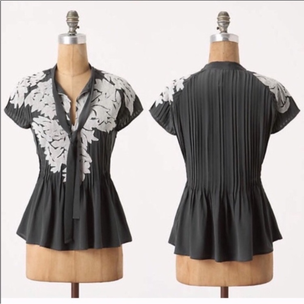 Anthropologie Black Top with White Floral Embroidery